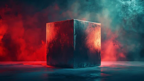 Glowing misty cube in a dreamy red and teal haze.