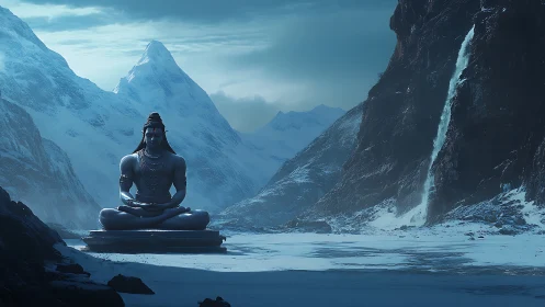 Large seated statue in icy mountain landscape under overcast sky