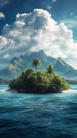 Tropical Island Paradise Beneath Towering Peaks.