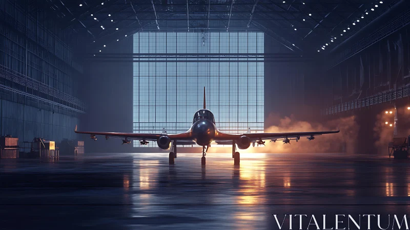 Sunlit jet waiting quietly in a vast echoing hangar.