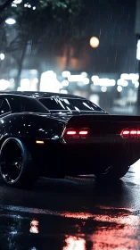 Midnight muscle car idles under neon rain-soaked streets