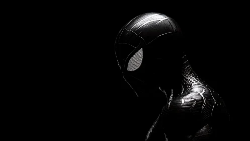 High contrast side-lit black suit spider hero portrait profile