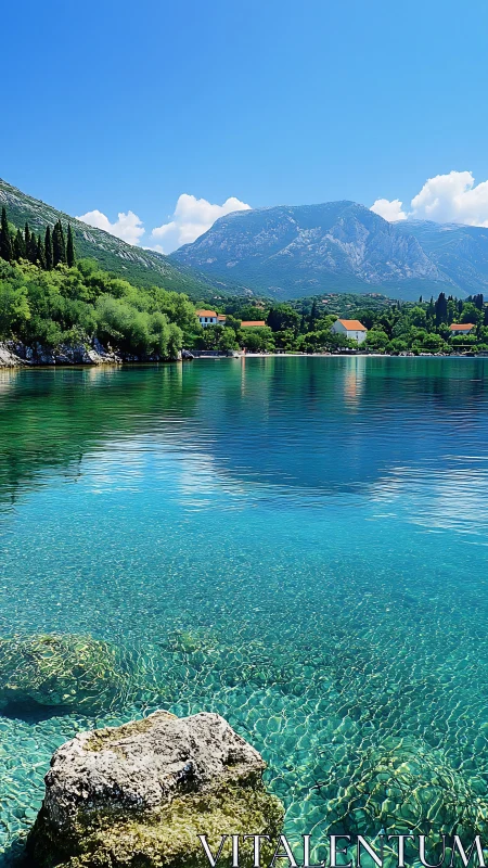 Clear coastal bay with mountains, trees, and houses.