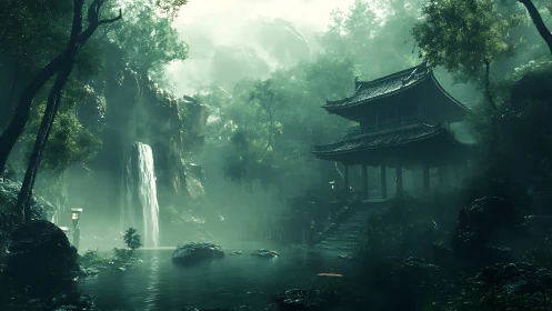 Misty mountain pavilion beside cascading forest waterfall.