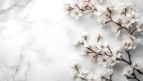 Minimalist cherry blossom branches on white marble background.