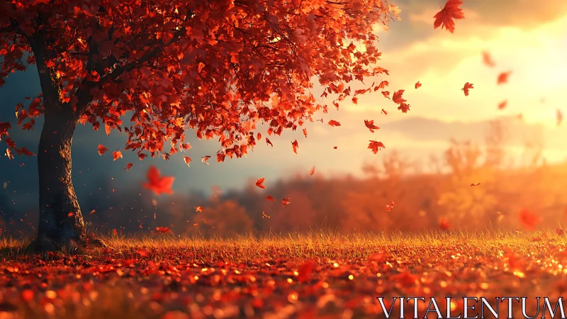 Autumn tree with red foliage and falling leaves at sunset.