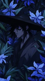 Midnight witcher draped in cobalt lilies and hush.