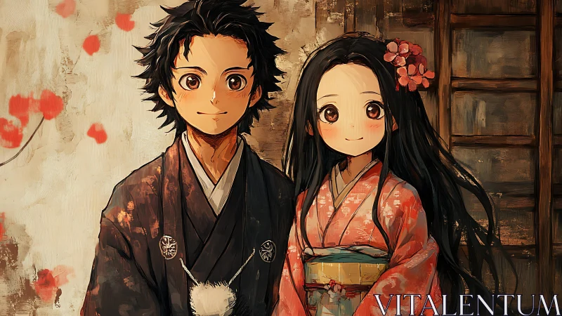 Anime couple in traditional kimonos against warm backdrop.