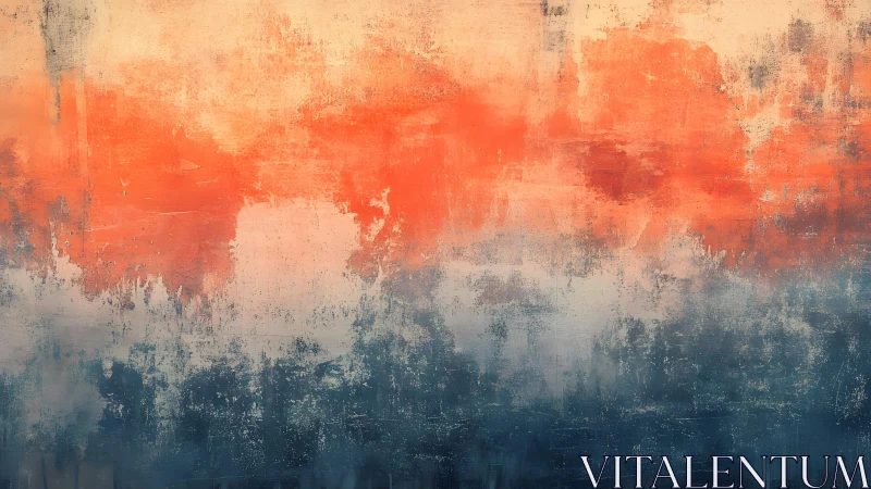Abstract sunset-inspired textured painting in warm and cool tones.