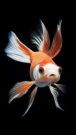 Photorealistic goldfish portrait with flowing fins on black.