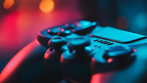 Game controller rests under neon blue and red studio lighting