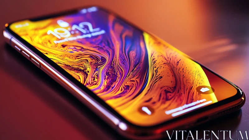 Smartphone displaying liquid color gradient wallpaper against warm backdrop.