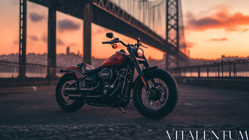 Sunset cruiser motorcycle under steel suspension bridge