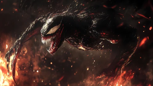 Infernal symbiote lunges through firelit storm of embers.