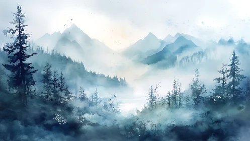 Atmospheric watercolor alpine forest with misted mountains.