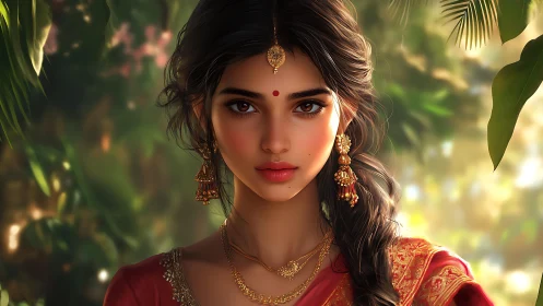 Graceful woman in red saree glowing in a lush garden.