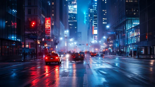 Neon city street glows with rainy night reflections and life.