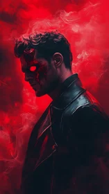 Cyber-noir demon hybrid in red volumetric smoke profile