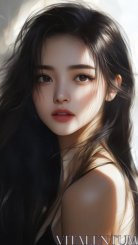 Digital portrait of young woman with long dark hair in light.