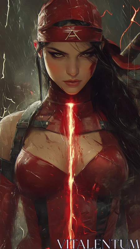 Red-clad female warrior with central vertical energy beam