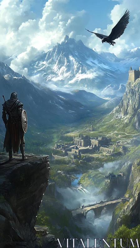 Lone armored ranger surveys vast medieval valley kingdom