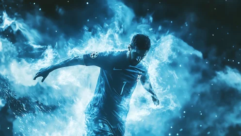Energy-charged footballer in luminous blue motion storm.