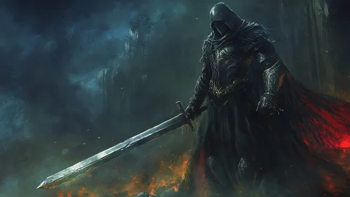 Dark armored wraith with flaming sword in stormy ruin.