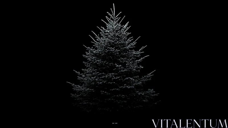Snow dusted fir tree glows against pure black void.
