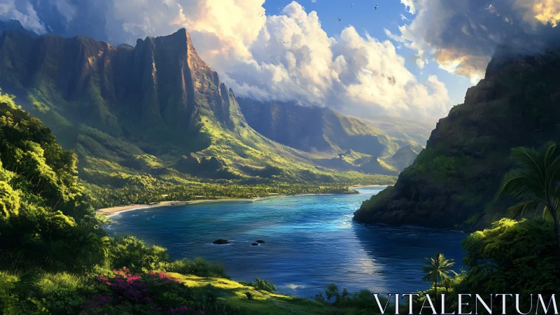 Volcanic Valley Coastal Landscape with Verdant Gorge and Azure Waters.