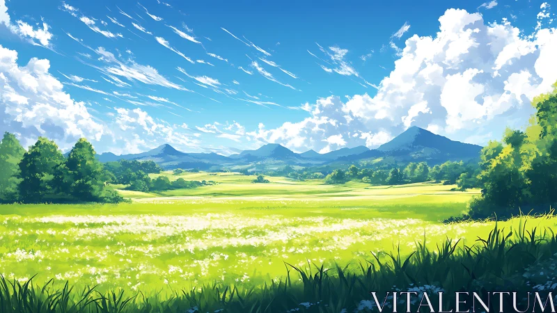 Sunlit meadow stretches toward distant blue mountain ridges