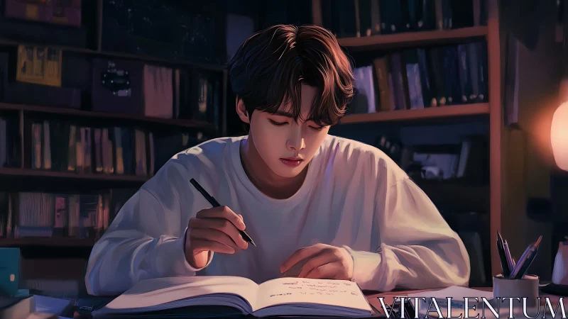 Digital study portrait of focused student in warm library.