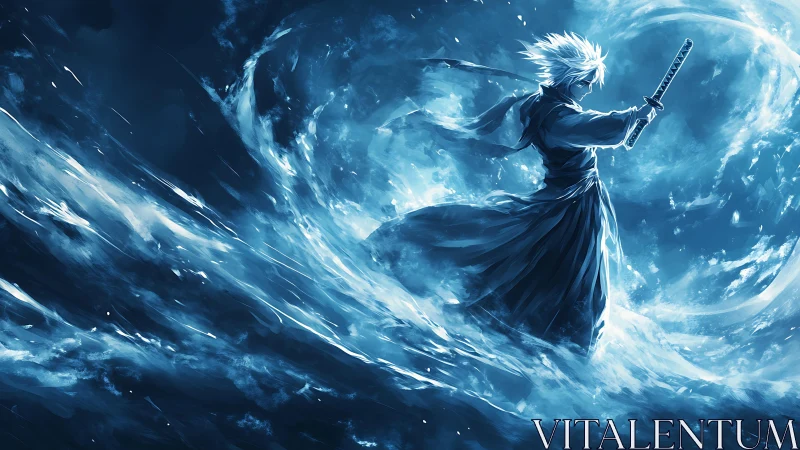 Sword wielding warrior commands swirling blue energy storm.