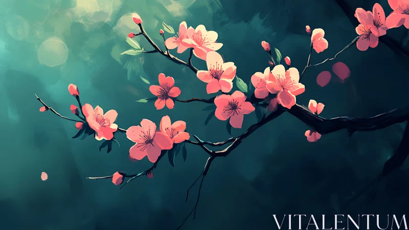 Pink flowering branch against teal background with soft bokeh.