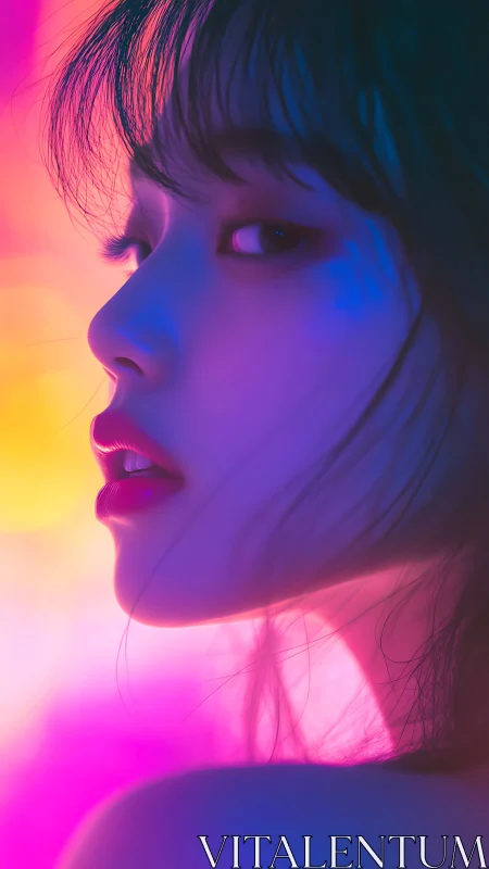 Side profile portrait in neon magenta and cyan lighting.