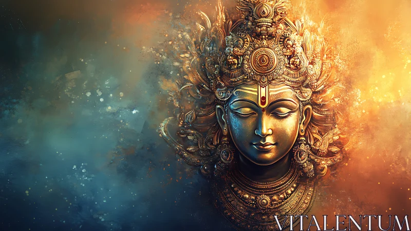 Divine golden deity face glows in ethereal cosmic light
