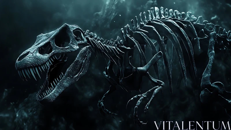 3D-rendered tyrannosaurus skeleton in dramatic deep-sea lighting.