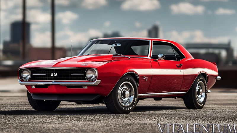 Scarlet muscle legend idling proud on a sunlit city edge.