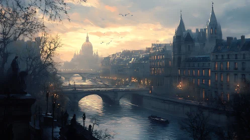 Twilight river city glows beneath a storybook cathedral sky.