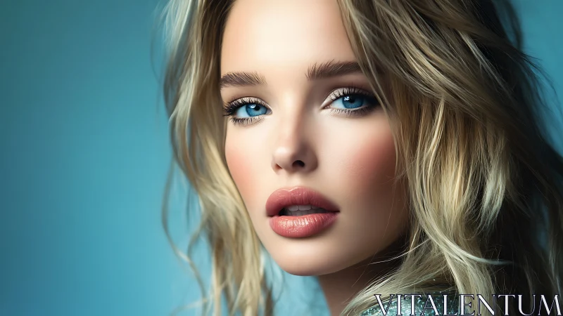 Blonde portrait with vivid blue eyes and soft studio glow.