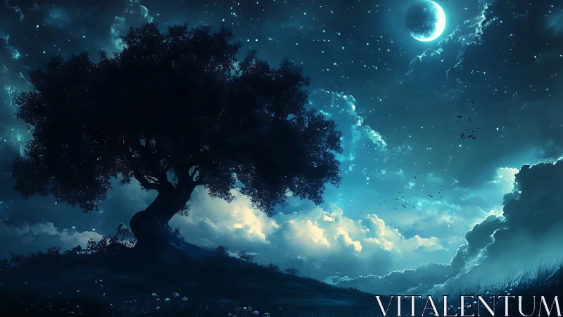 Moonlit dreamtree guards a starlit meadow of quiet wonders.