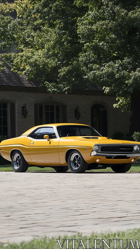 Yellow vintage Dodge Challenger parked by residential house.