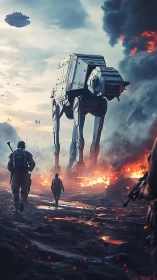 Armored walker advances through burning battlefield under smoke