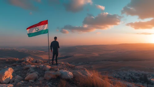 Person stands on rocky hilltop beside tricolour flag at sunset