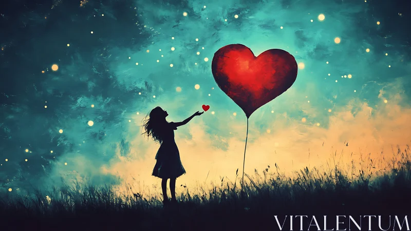 Silhouette Girl Reaching Glowing Heart Balloon