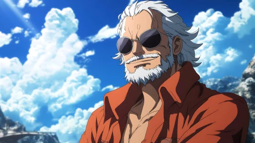 Sunlit coastal veteran in reflective aviator sunglasses.