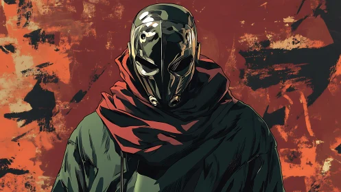 Hooded masked figure stands against raw abstract crimson chaos