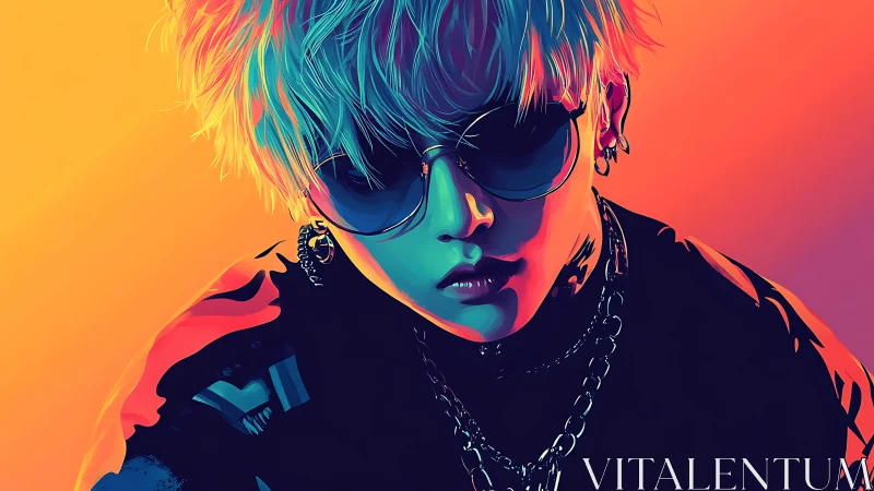 Neon lit portrait of cool sunglasses wearer faces viewer