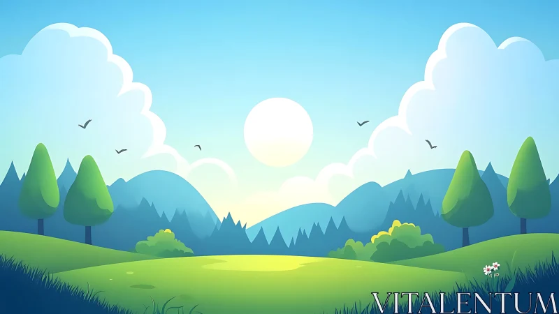 Minimalist stylized landscape with hills, trees, and sun.