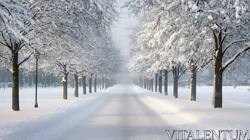 Snowy tree-lined avenue falls silent under a soft winter haze