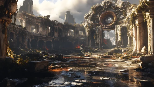 Ruined circular colonnade with central arch and portal.